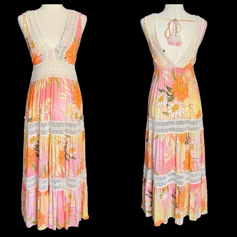 Z & L Anthropologie Floral Crochet Lace Tiered Maxi Dress Tassels 70's Retro EUC